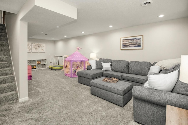 4132 Oakbrooke Curv, Eagan, MN 55122 - carpeted living area featuring stairway and recessed lighting