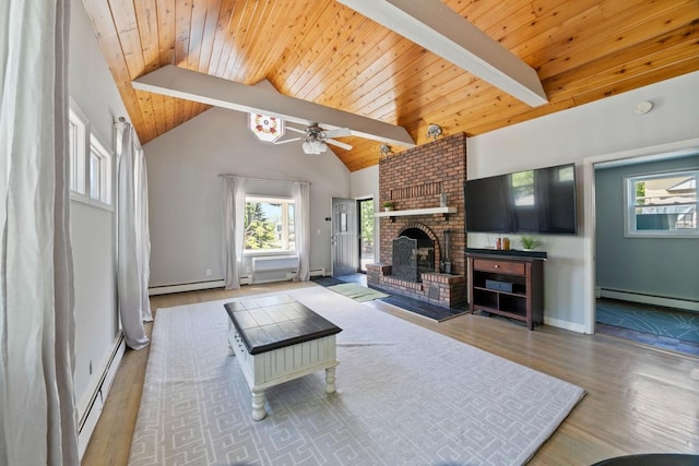 1460 36th St, Minneapolis, MN 55408 - living area featuring wooden ceiling, baseboard heating, wood finished floors, a brick fireplace, and a ceiling fan