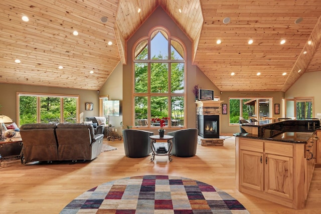 40335 Government Rd, Barry Twp, MN 55037 - living area featuring high vaulted ceiling, a stone fireplace, wooden ceiling, healthy amount of natural light, and recessed lighting