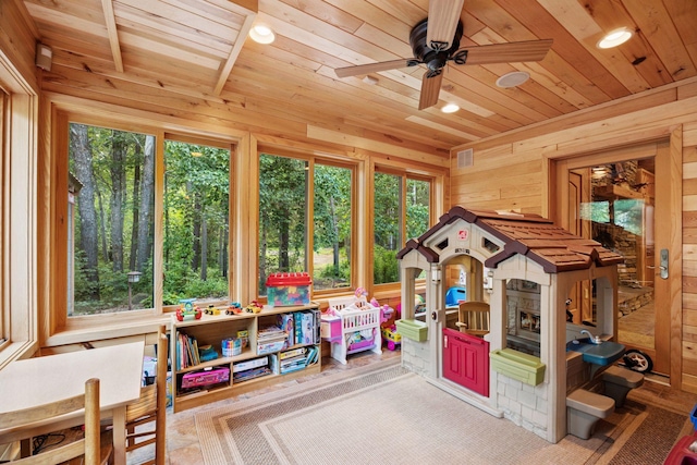 40335 Government Rd, Barry Twp, MN 55037 - playroom with wooden ceiling, wood walls, a ceiling fan, and recessed lighting