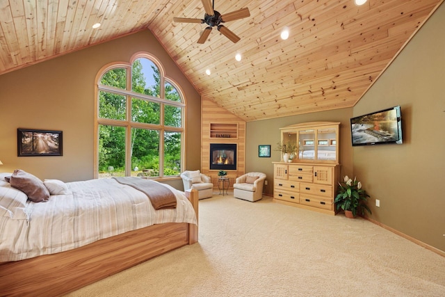 40335 Government Rd, Barry Twp, MN 55037 - carpeted bedroom featuring a large fireplace, high vaulted ceiling, recessed lighting, wood ceiling, and ceiling fan
