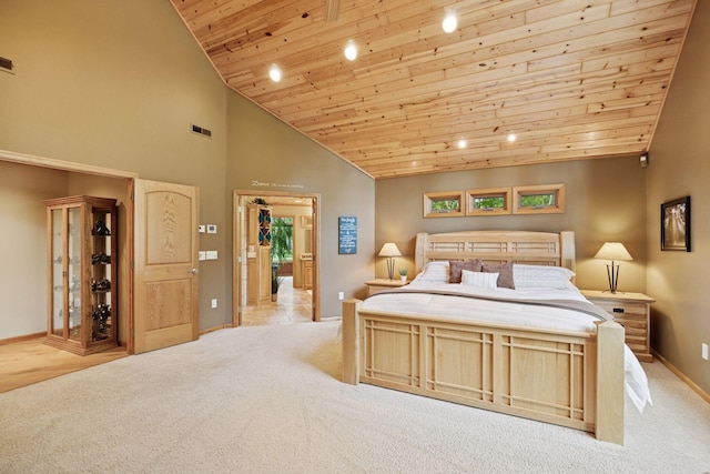 40335 Government Rd, Barry Twp, MN 55037 - carpeted bedroom with wood ceiling and high vaulted ceiling