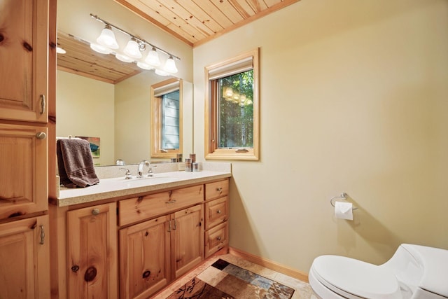 40335 Government Rd, Barry Twp, MN 55037 - bathroom with wooden ceiling, vanity, and tile patterned flooring