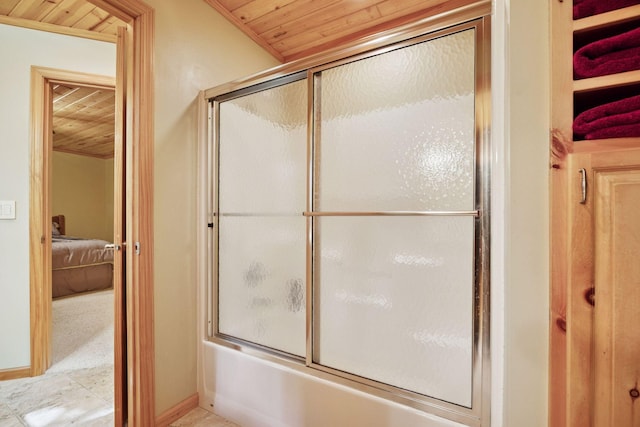 40335 Government Rd, Barry Twp, MN 55037 - bathroom with wooden ceiling, connected bathroom, and shower / bath combination with glass door