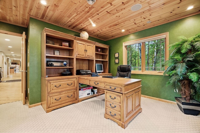 40335 Government Rd, Barry Twp, MN 55037 - office space with light carpet, recessed lighting, and wooden ceiling