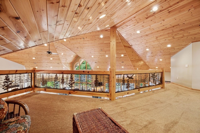 40335 Government Rd, Barry Twp, MN 55037 - sitting room with carpet floors, wooden ceiling, high vaulted ceiling, recessed lighting, and a ceiling fan