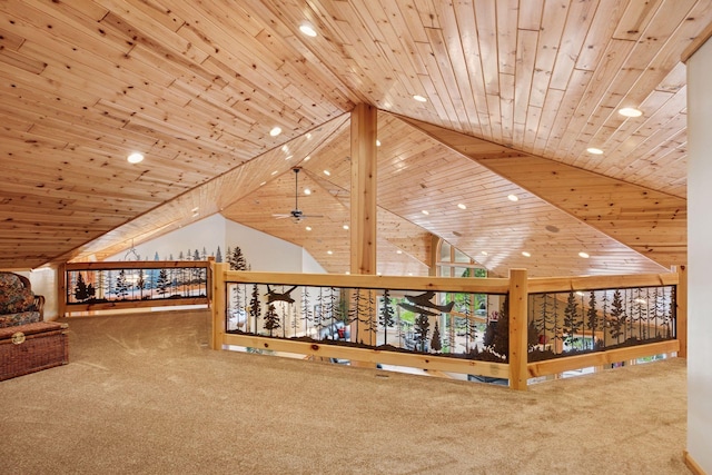40335 Government Rd, Barry Twp, MN 55037 - unfurnished living room featuring carpet flooring, high vaulted ceiling, recessed lighting, wood ceiling, and ceiling fan