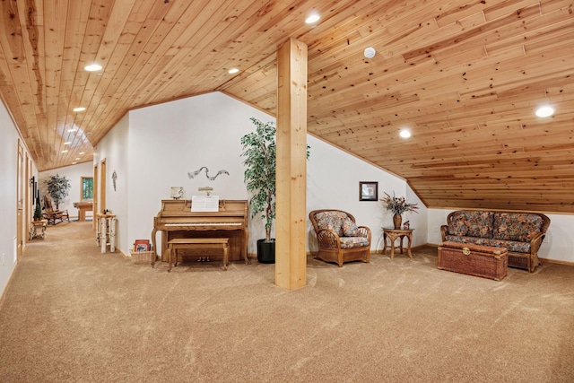 40335 Government Rd, Barry Twp, MN 55037 - sitting room featuring carpet floors, lofted ceiling, recessed lighting, and wooden ceiling