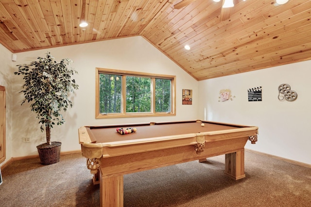 40335 Government Rd, Barry Twp, MN 55037 - recreation room featuring wooden ceiling, carpet flooring, vaulted ceiling, billiards table, and ceiling fan