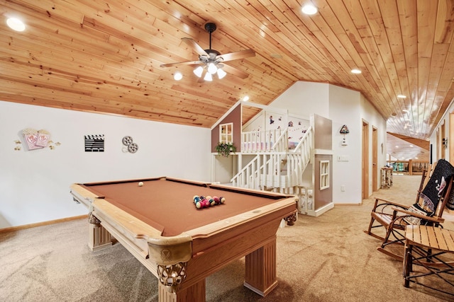 40335 Government Rd, Barry Twp, MN 55037 - rec room featuring carpet floors, vaulted ceiling, wooden ceiling, ceiling fan, and recessed lighting