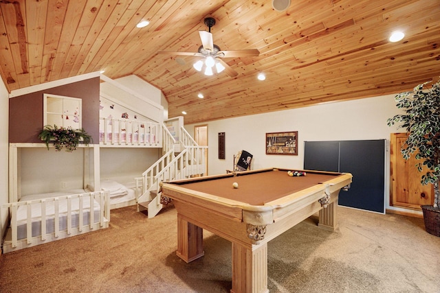 40335 Government Rd, Barry Twp, MN 55037 - rec room featuring carpet floors, wood ceiling, recessed lighting, vaulted ceiling, and a ceiling fan