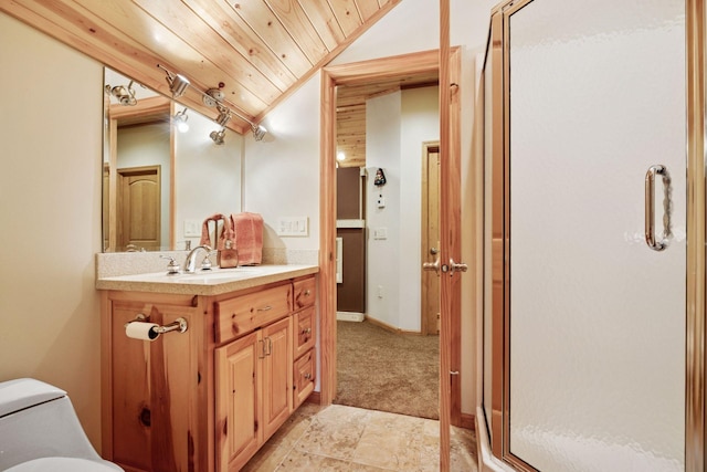 40335 Government Rd, Barry Twp, MN 55037 - bathroom featuring vaulted ceiling, wooden ceiling, vanity, and a stall shower