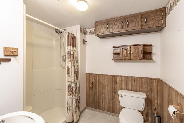 11197 608th Ave, Danville Twp, MN 56068 - full bathroom featuring wainscoting, toilet, a stall shower, wooden walls, and tile patterned flooring