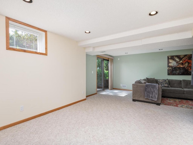5705 Quinwood Ln N, Plymouth, MN 55442 - living room with carpet flooring, baseboards, recessed lighting, and a textured ceiling