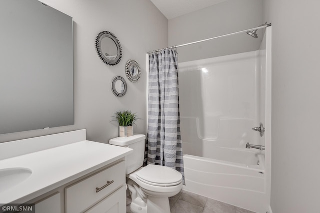 full bathroom featuring vanity, toilet, shower / bathtub combination with curtain, and tile patterned flooring