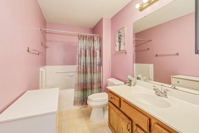 bathroom featuring toilet, vanity, a textured ceiling, shower / bathtub combination with curtain, and tile patterned flooring