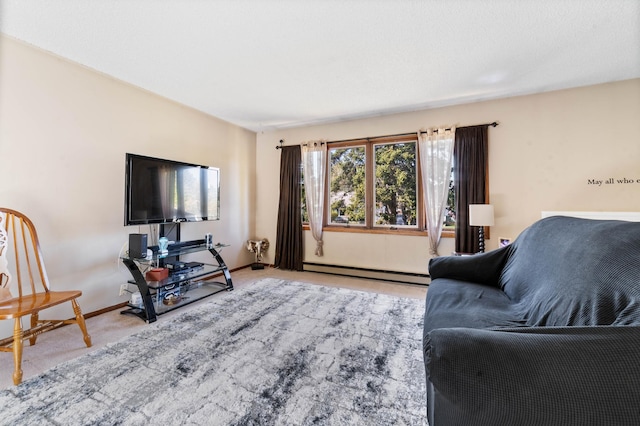 carpeted living area featuring a baseboard radiator