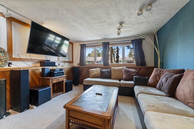 living room with carpet floors and a textured ceiling