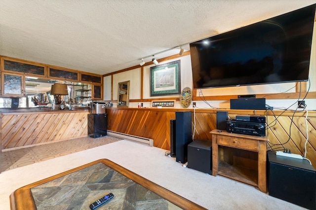 bar area with a baseboard heating unit, rail lighting, and a textured ceiling