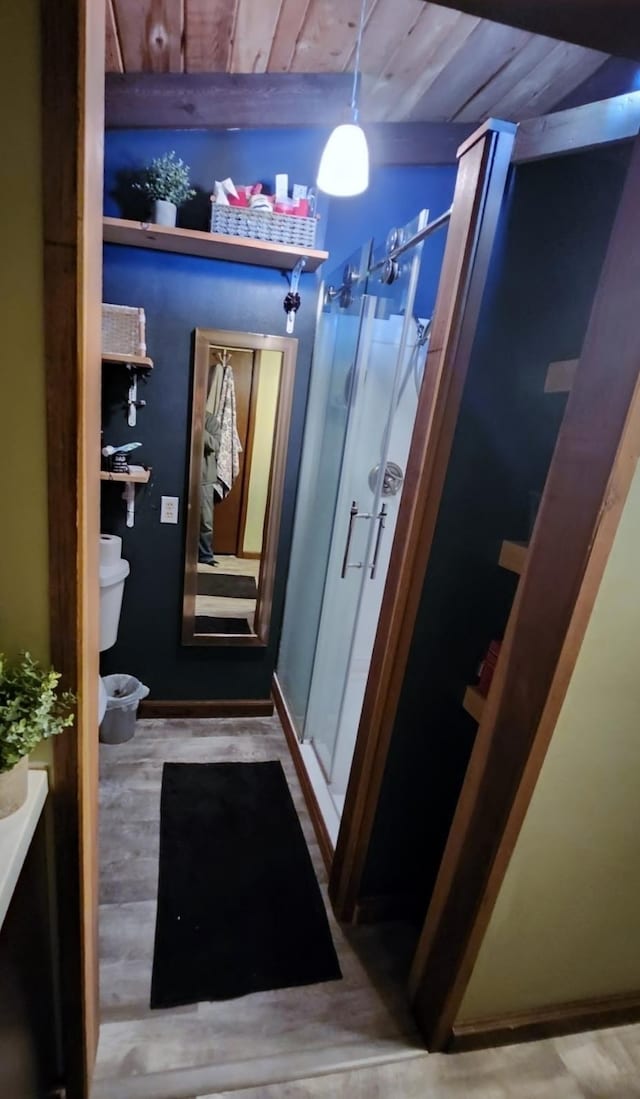 30091 Sunny Beach Rd, Harris Twp, MN 55744 - hall with wooden ceiling, wood finished floors, and baseboards