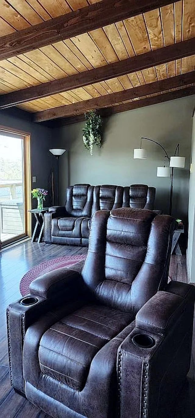 30091 Sunny Beach Rd, Harris Twp, MN 55744 - cinema room featuring wooden ceiling with exposed beams and hardwood / wood-style floors