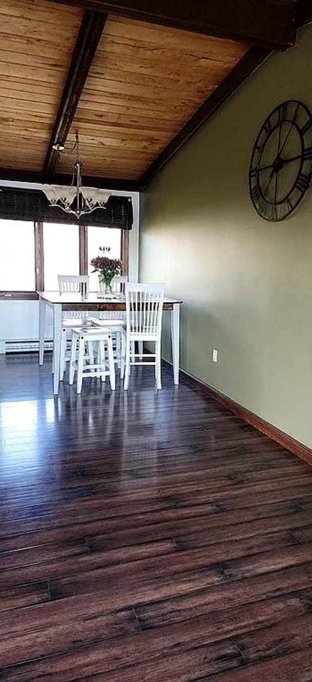 30091 Sunny Beach Rd, Harris Twp, MN 55744 - unfurnished dining area featuring a chandelier, wood ceiling, wood finished floors, baseboards, and a baseboard radiator