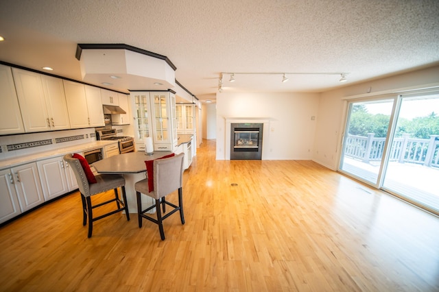 1723 Teton Ln NE, Rochester, MN 55906 - kitchen featuring stainless steel range with gas cooktop, a glass covered fireplace, under cabinet range hood, white cabinetry, and a textured ceiling