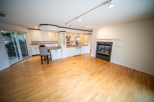 1723 Teton Ln NE, Rochester, MN 55906 - kitchen with rail lighting, open floor plan, light wood-type flooring, a tiled fireplace, and a breakfast bar