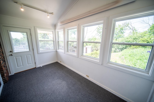 1723 Teton Ln NE, Rochester, MN 55906 - unfurnished sunroom with rail lighting, plenty of natural light, lofted ceiling, and carpet flooring