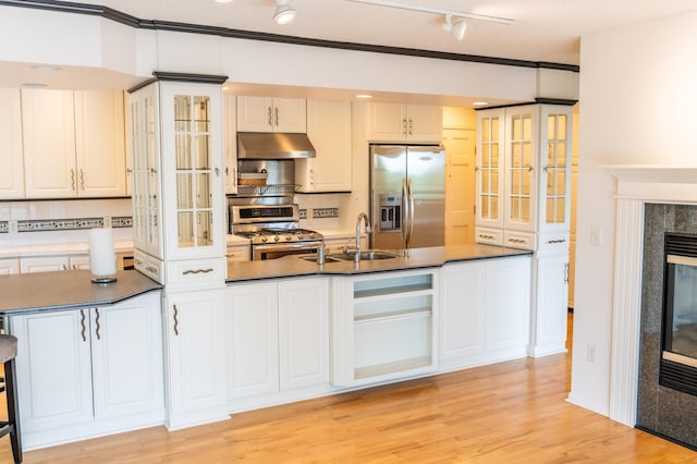 1723 Teton Ln NE, Rochester, MN 55906 - kitchen featuring appliances with stainless steel finishes, under cabinet range hood, a sink, ornamental molding, and glass insert cabinets