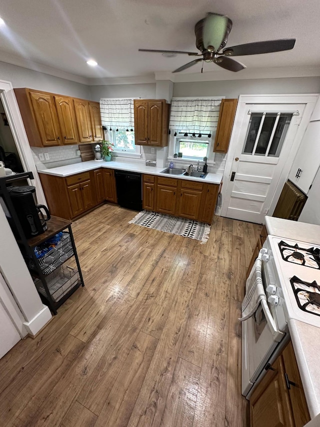 112 Main St, Sherburn, MN 56171 - kitchen featuring black dishwasher, gas range gas stove, light wood finished floors, light countertops, and ceiling fan