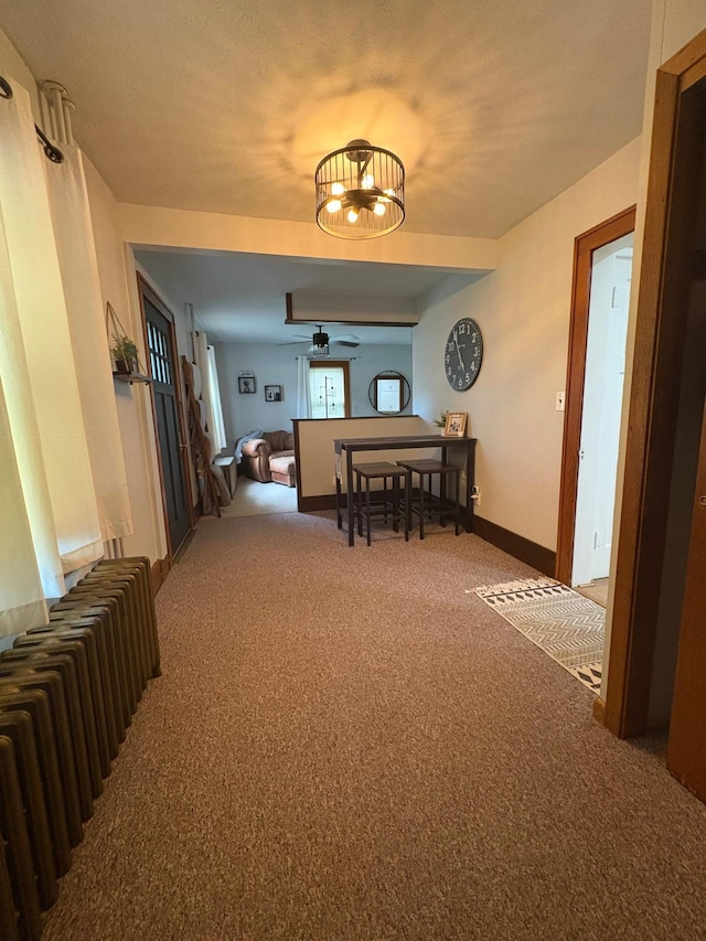 112 Main St, Sherburn, MN 56171 - hall featuring radiator, carpet floors, a chandelier, and baseboards
