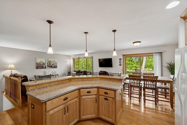 1301 Crestridge Ln, Eagan, MN 55123 - kitchen with open floor plan, white fridge with ice dispenser, light wood-style flooring, and healthy amount of natural light
