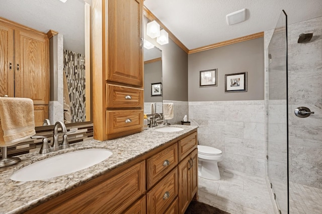 1301 Crestridge Ln, Eagan, MN 55123 - full bath featuring crown molding, tile walls, a tile shower, toilet, and a wainscoted wall