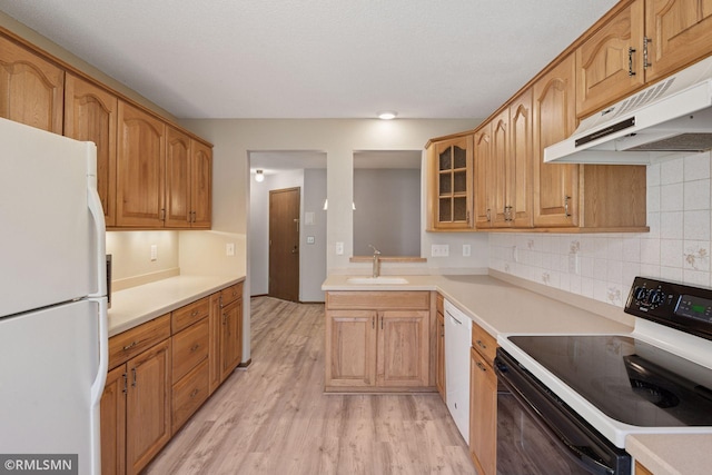 7475 110th St W, Bloomington, MN 55438 - kitchen featuring white appliances, a sink, under cabinet range hood, light wood-type flooring, and tasteful backsplash