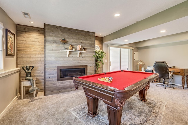 1709 140th St, Burnsville, MN 55337 - rec room with carpet floors, recessed lighting, a fireplace, pool table, and baseboards