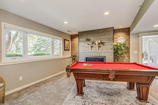 1709 140th St, Burnsville, MN 55337 - game room with carpet, baseboards, recessed lighting, billiards table, and a fireplace