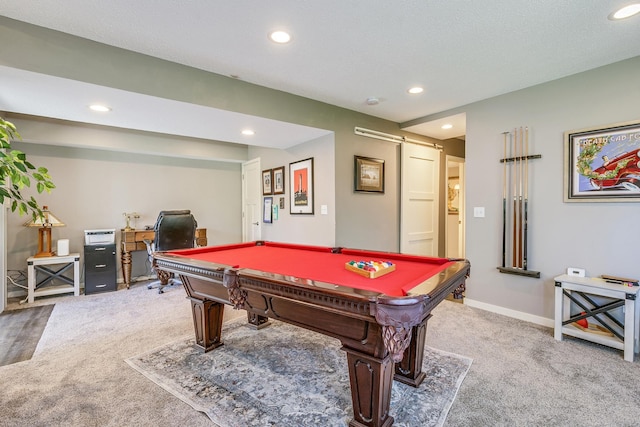 1709 140th St, Burnsville, MN 55337 - game room with carpet floors, recessed lighting, pool table, baseboards, and a barn door