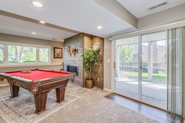 1709 140th St, Burnsville, MN 55337 - playroom with a fireplace, recessed lighting, baseboards, pool table, and carpet flooring