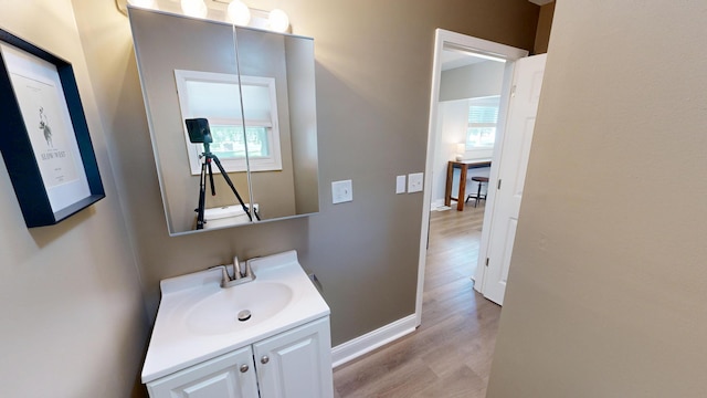711 3rd St SE, Willmar, MN 56201 - bathroom with wood finished floors, plenty of natural light, vanity, and baseboards
