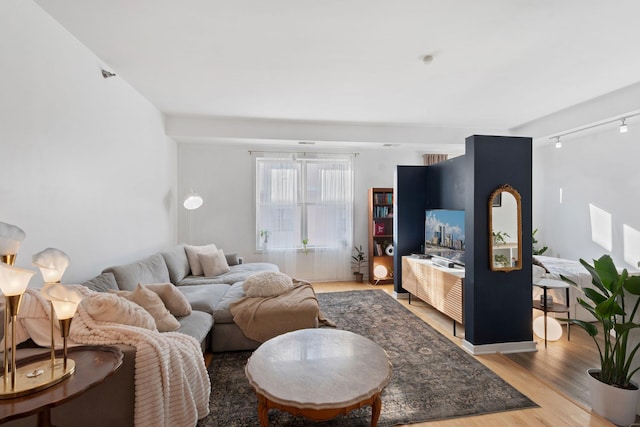 living area with track lighting and wood finished floors
