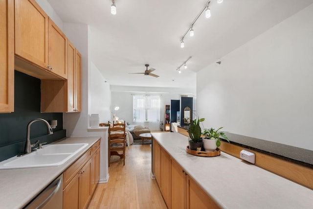 kitchen featuring a sink, stainless steel dishwasher, light wood finished floors, a ceiling fan, and rail lighting