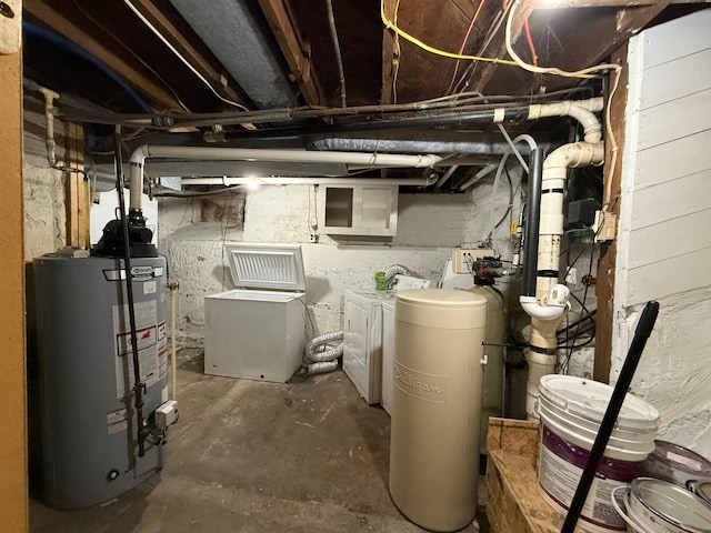 122 7th St, Montevideo, MN 56265 - unfinished basement featuring gas water heater, washing machine and dryer, and a water softener system