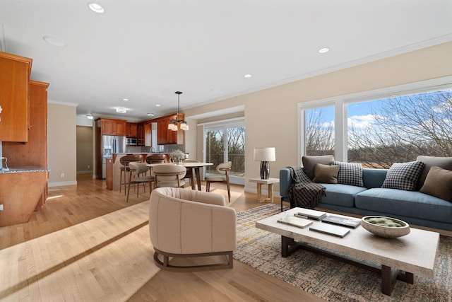5230 Rebecca Park Trl, Greenfield, MN 55357 - living room with ornamental molding, recessed lighting, light wood-type flooring, and baseboards