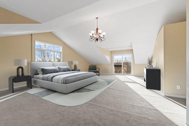 5230 Rebecca Park Trl, Greenfield, MN 55357 - carpeted bedroom with lofted ceiling, a chandelier, multiple windows, and baseboards