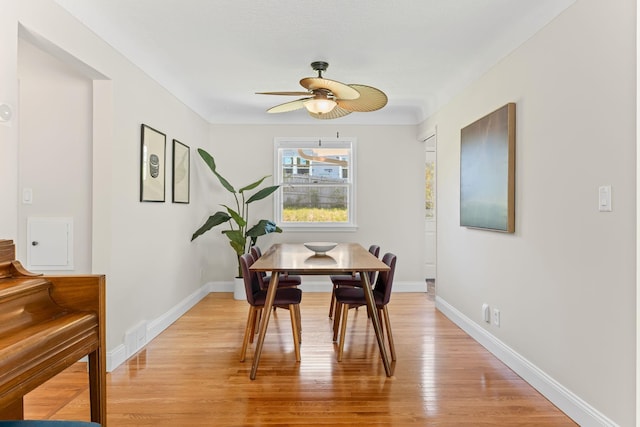 343 41st St, Minneapolis, MN 55409 - dining area featuring ceiling fan, light wood-style floors, and baseboards