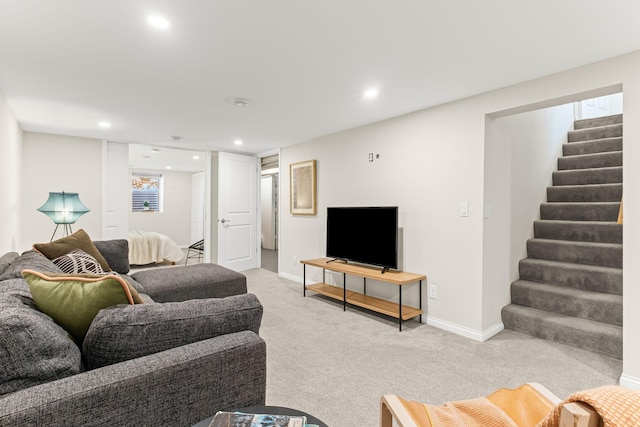 343 41st St, Minneapolis, MN 55409 - carpeted living area with stairs, baseboards, and recessed lighting