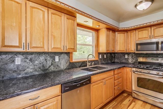 2000 191st Ave NW, Oak Grove, MN 55011 - kitchen with stainless steel appliances, a sink, light wood-type flooring, and dark stone countertops