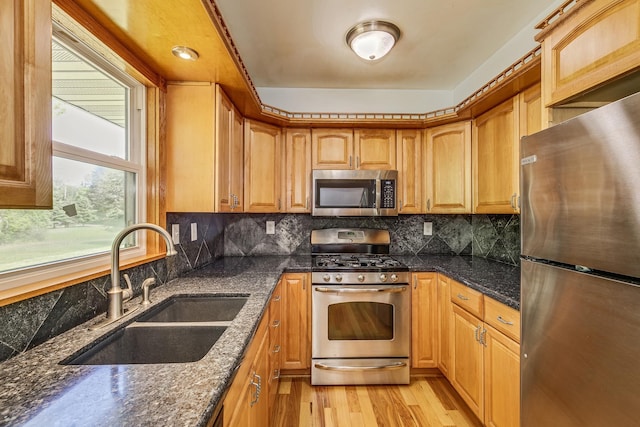 2000 191st Ave NW, Oak Grove, MN 55011 - kitchen featuring stainless steel appliances, a sink, light wood-style flooring, dark stone countertops, and backsplash