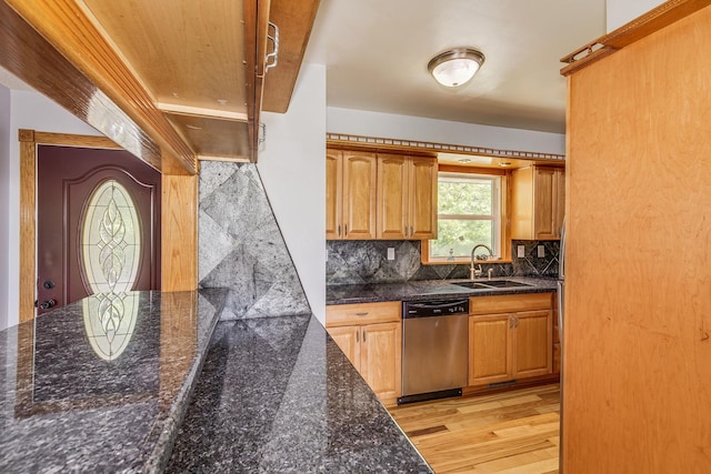 2000 191st Ave NW, Oak Grove, MN 55011 - kitchen with dishwasher, a sink, light wood finished floors, decorative backsplash, and dark stone countertops